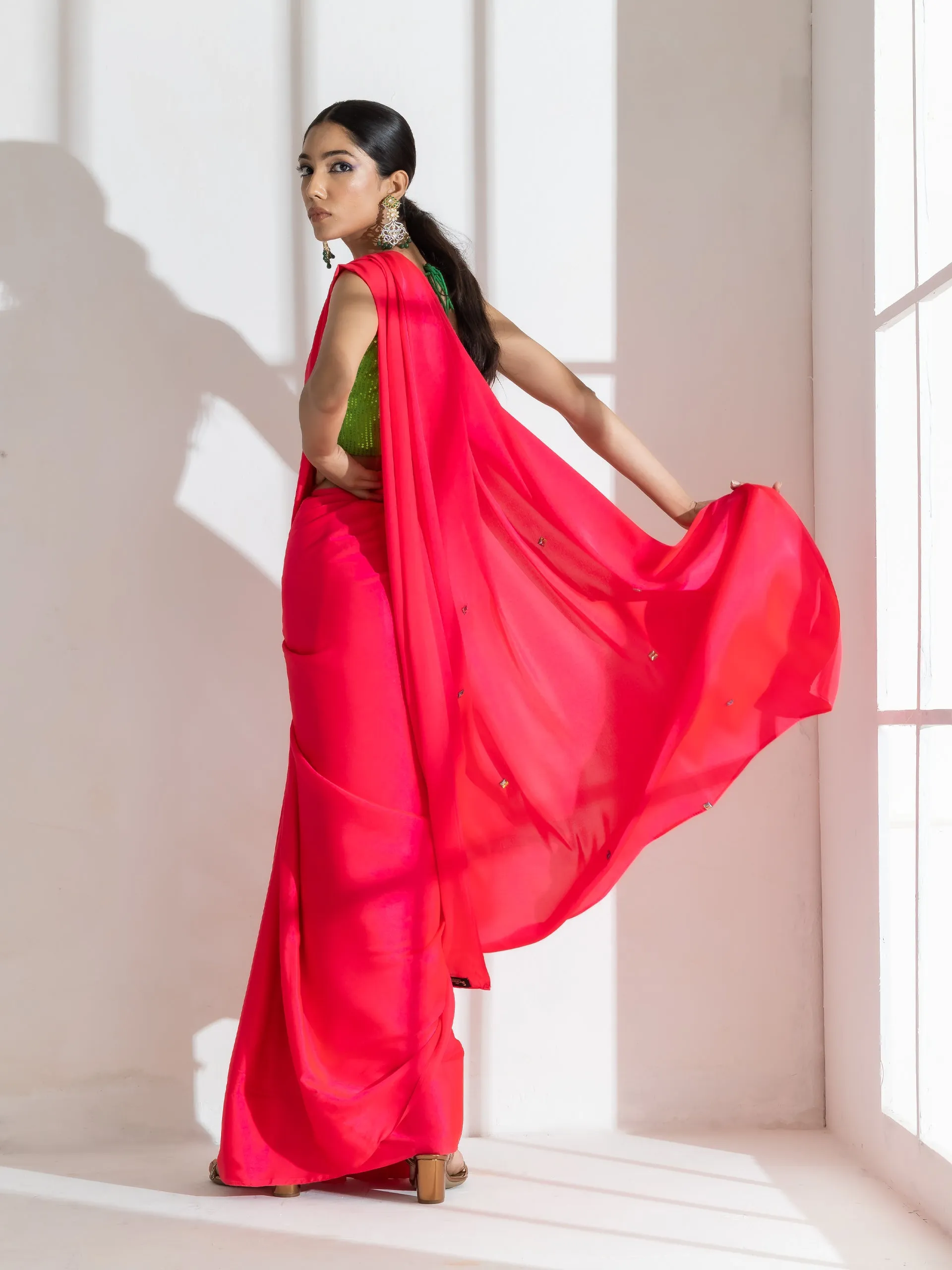 Hot Pink Satin Saree with Rainbow Beads and Green Sequin Blouse Fabric