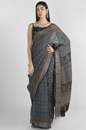 INDIGO LINEN SAREE WITH HANDBLOCK PRINTED IN AJRAK