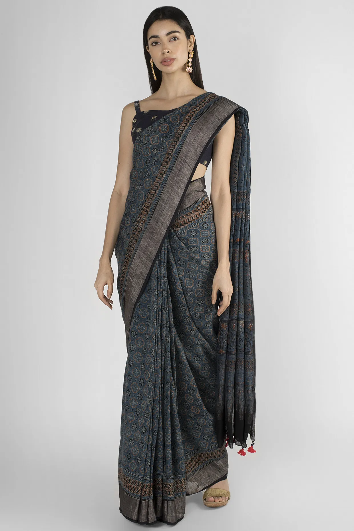 INDIGO LINEN SAREE WITH HANDBLOCK PRINTED IN AJRAK