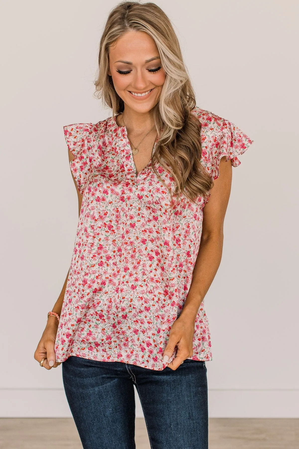 It's A New Day Floral Blouse- Ivory & Pink