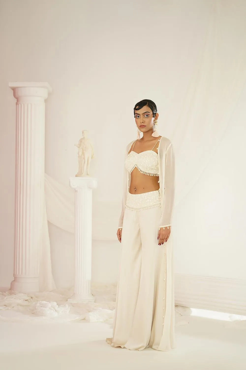 Ivory Crytals And Pearl Embroidered Palazo Jacket Set