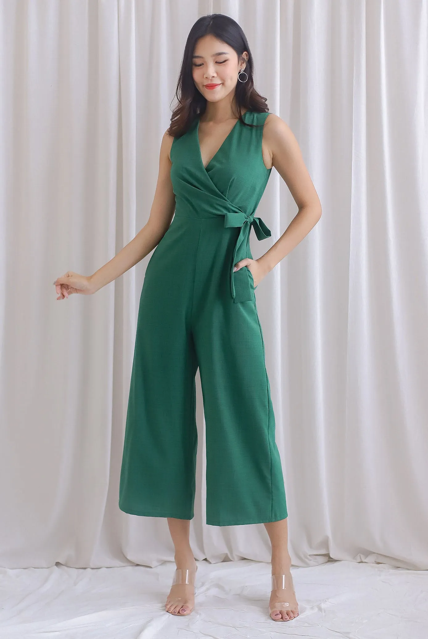 Ivy Faux Wrap Tie Jumpsuit In Forest Green