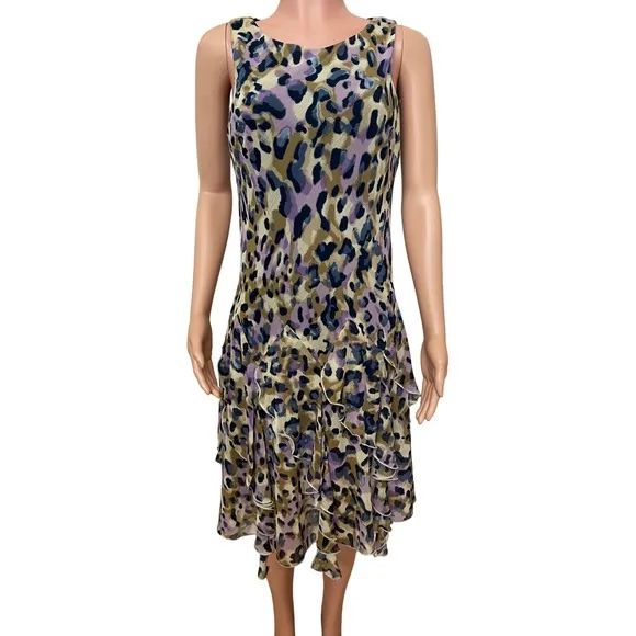 Jessica Howard SZ 12 animal print shift dress, layered ruffles, sleeveless,