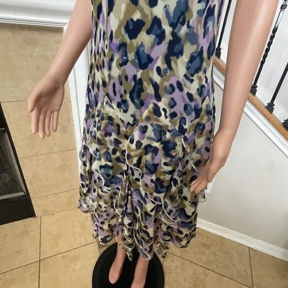 Jessica Howard SZ 12 animal print shift dress, layered ruffles, sleeveless,