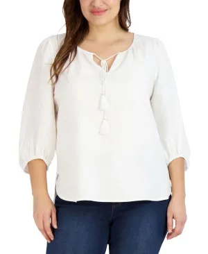 Jones New York Womens Plus Size Linen Tie-Neck-Tassel Blouse 10835710