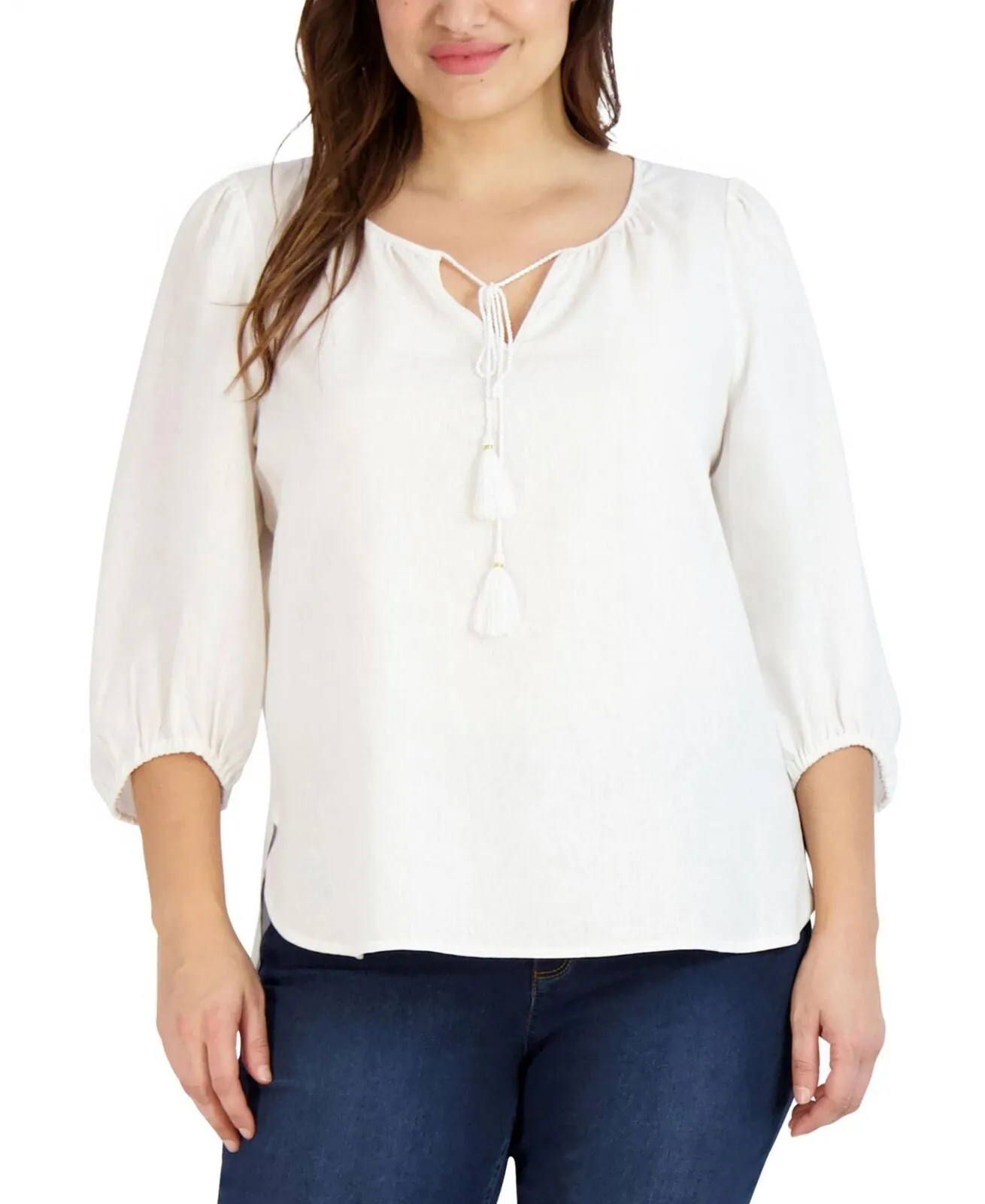 Jones New York Womens Plus Size Linen Tie-Neck-Tassel Blouse 10835710