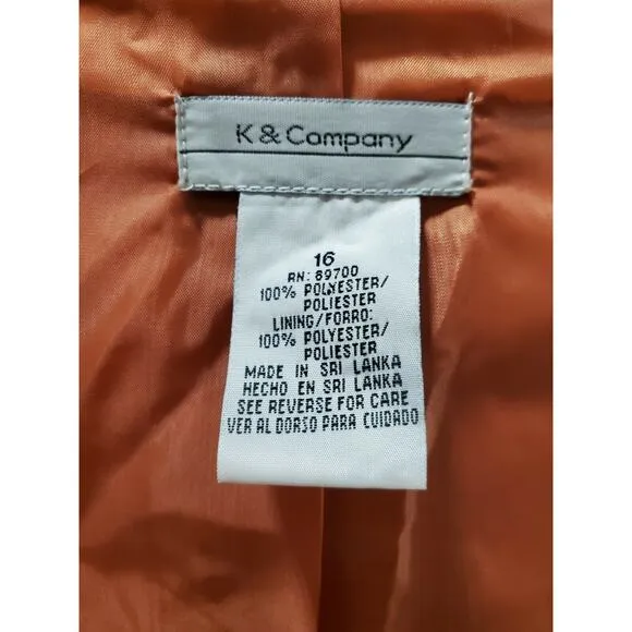 K &amp; Company Women Orange Polyester Single Breasted Jacket &amp; Skirt 2Piece Suit 16