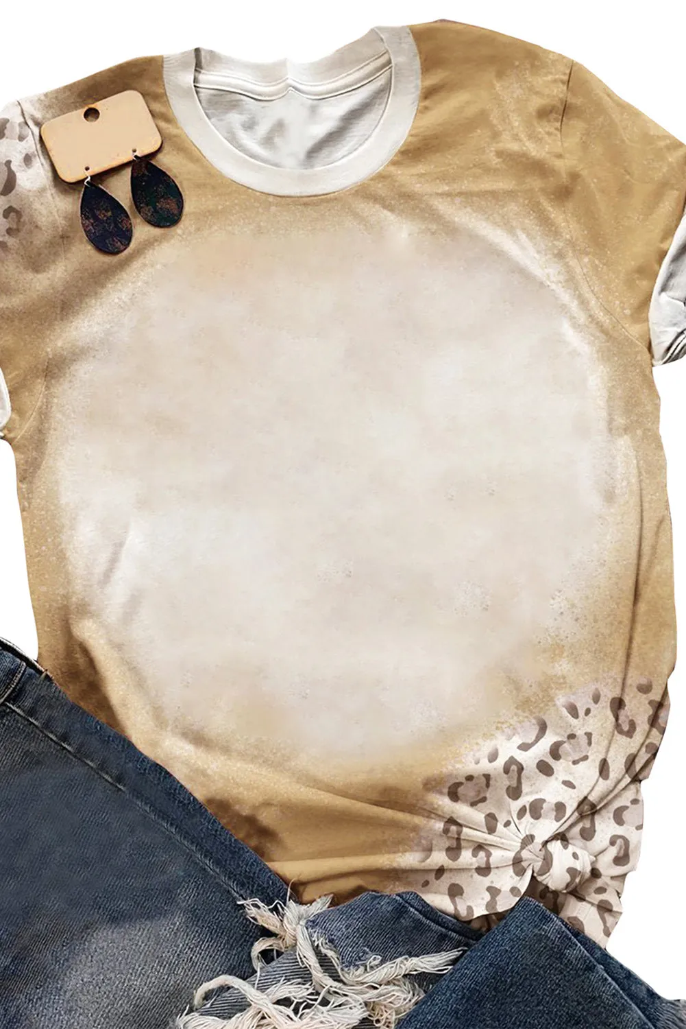 Khaki COWGIRL Cow Leopard Print Short Sleeve T Shirt