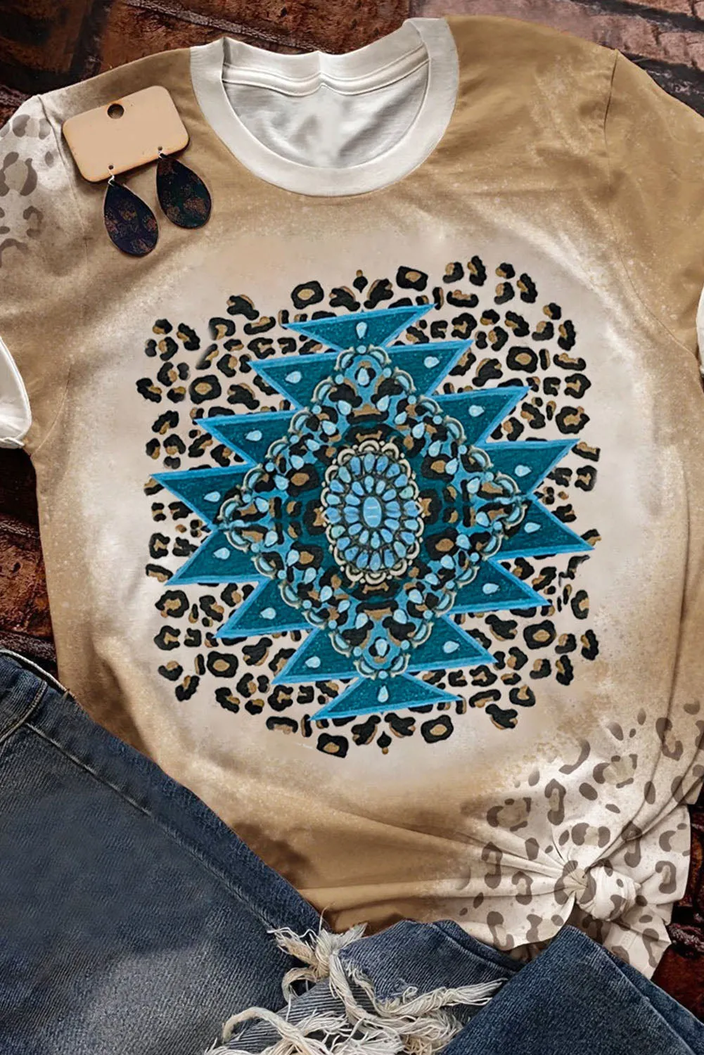 Khaki COWGIRL Cow Leopard Print Short Sleeve T Shirt