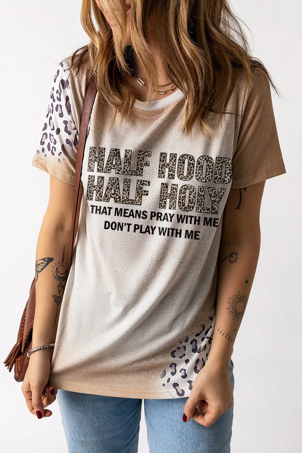 Khaki HALF HOOD HALF HOLY Leopard Short Sleeve T Shirt