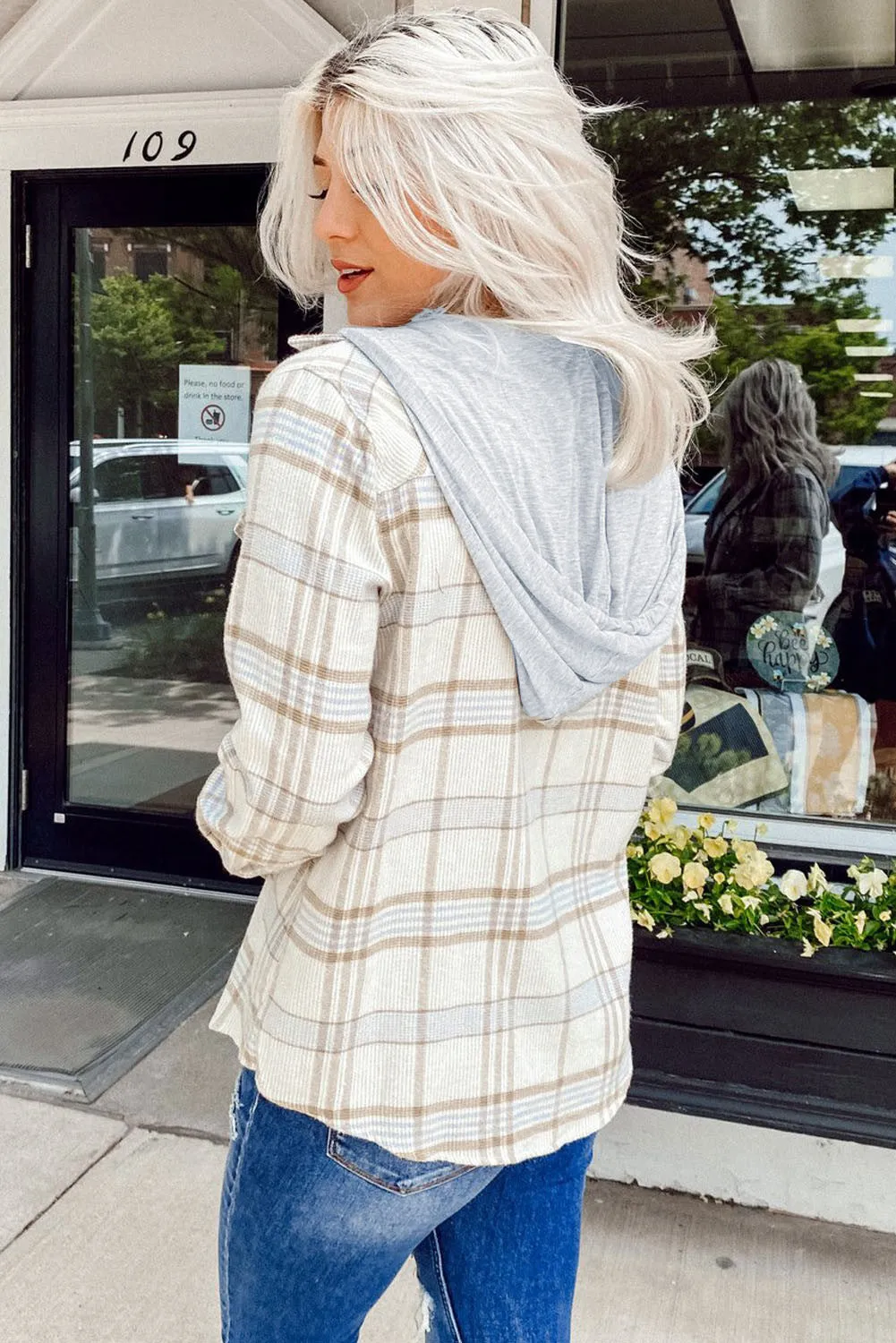 Khaki Plaid Hooded Shirt Coat