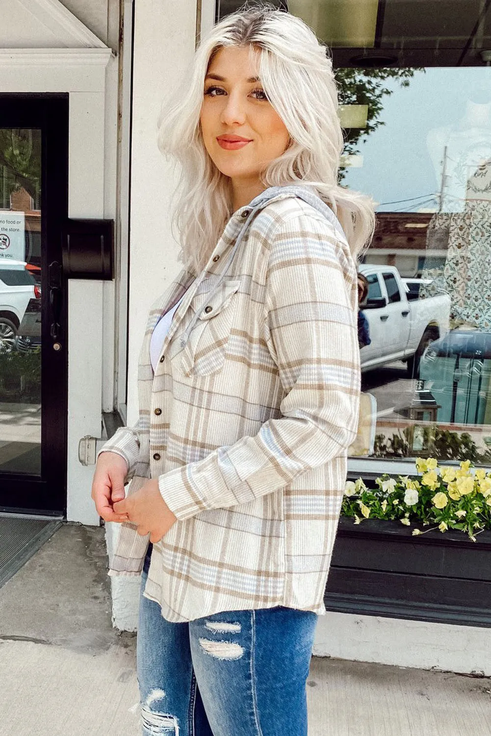 Khaki Plaid Hooded Shirt Coat