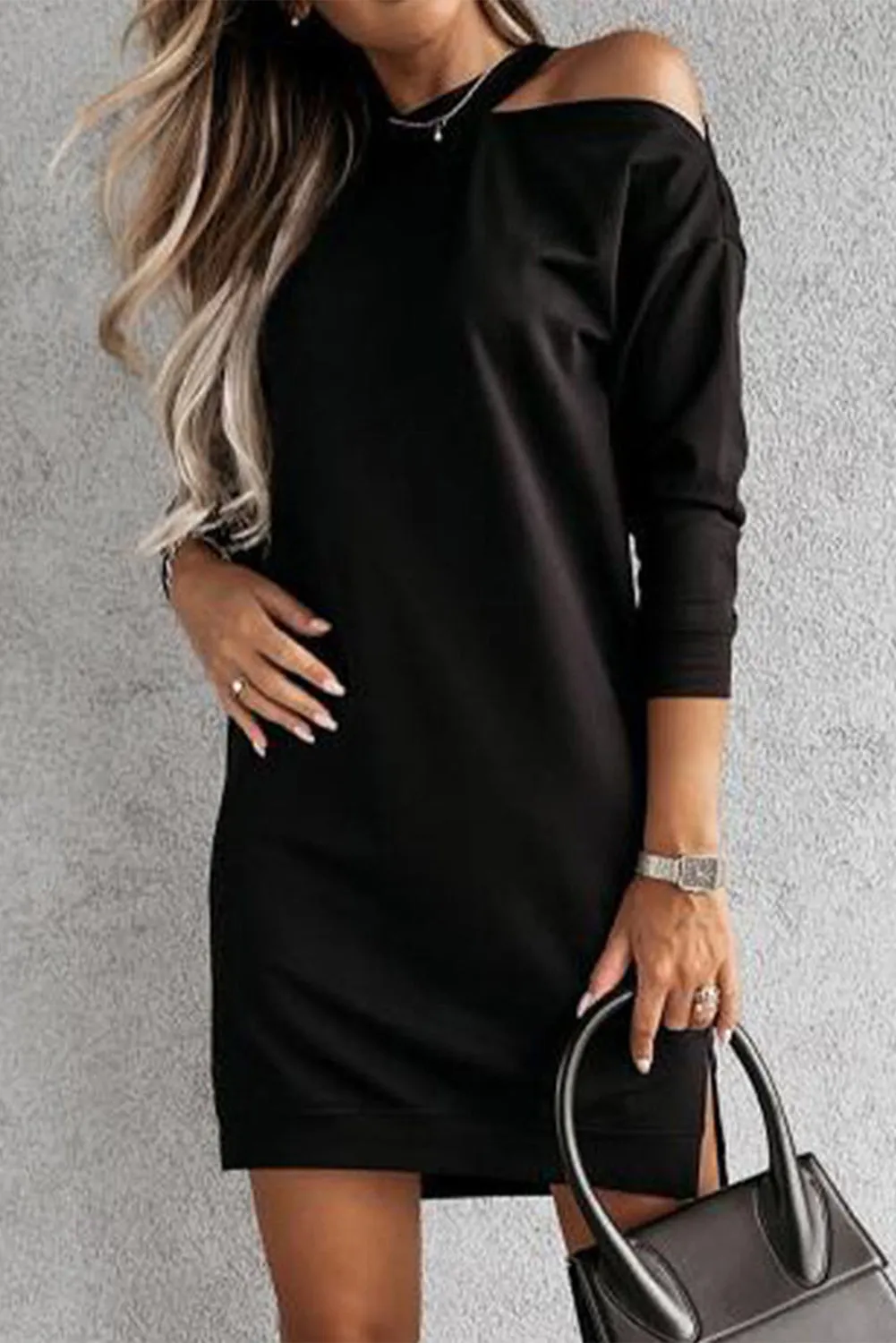 Khaki Single Cold Shoulder T-shirt Dress with Slits