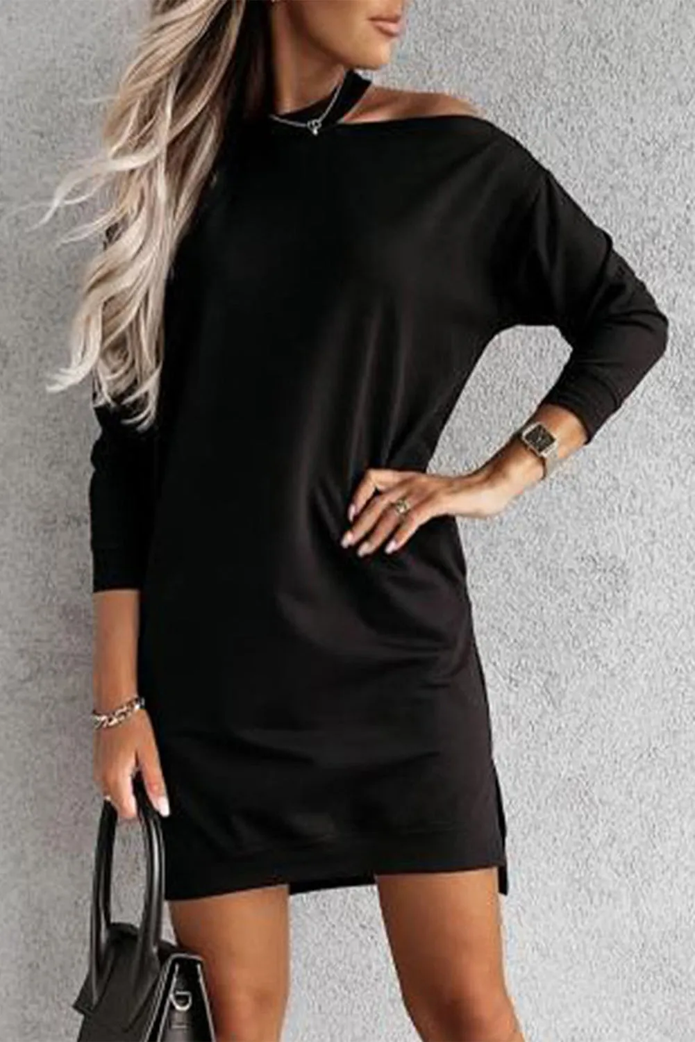 Khaki Single Cold Shoulder T-shirt Dress with Slits
