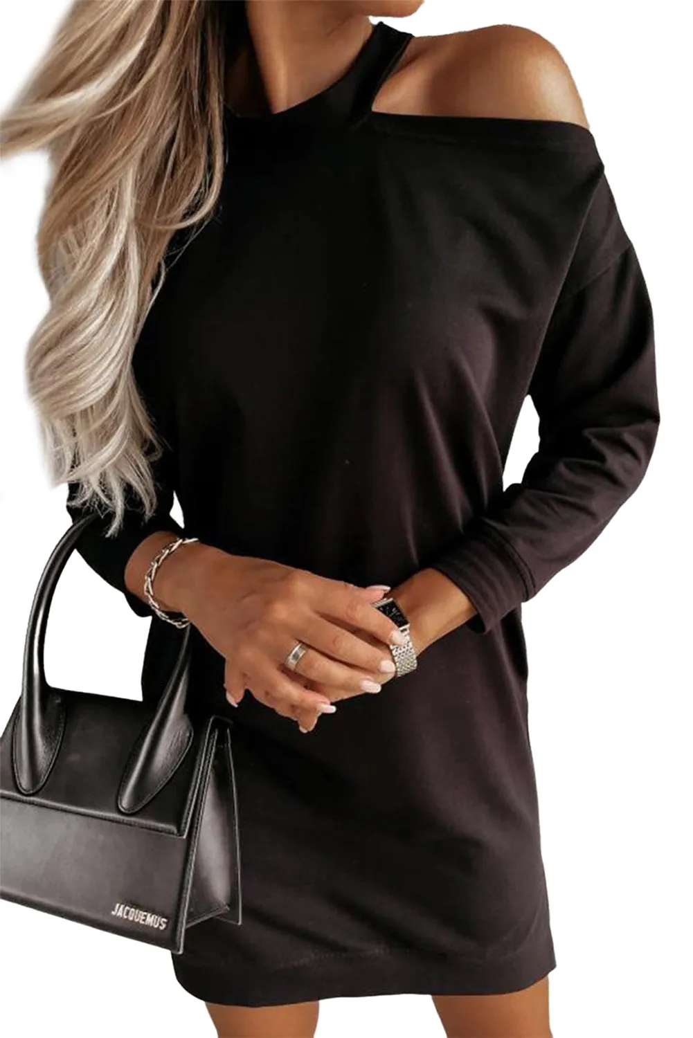 Khaki Single Cold Shoulder T-shirt Dress with Slits