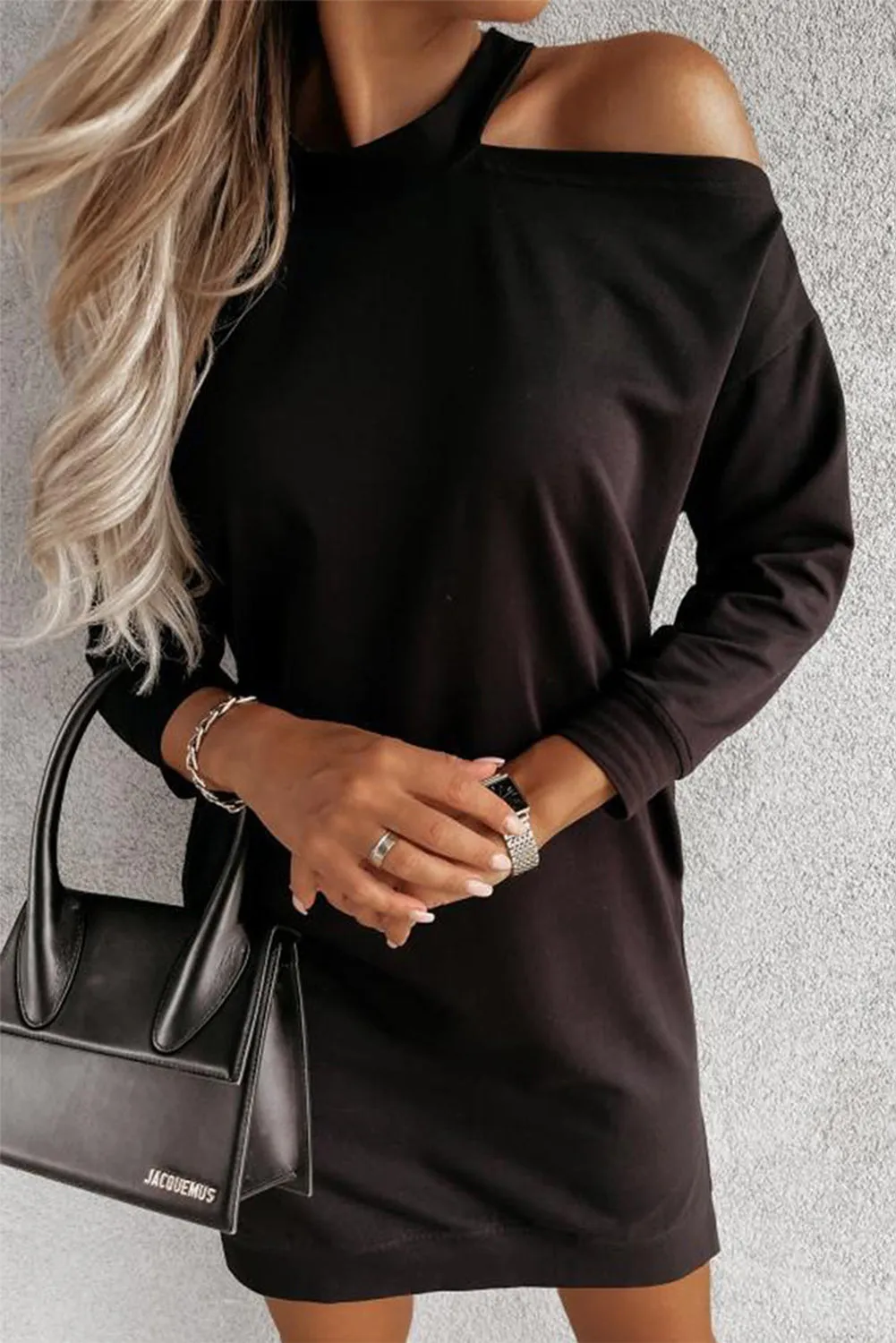 Khaki Single Cold Shoulder T-shirt Dress with Slits