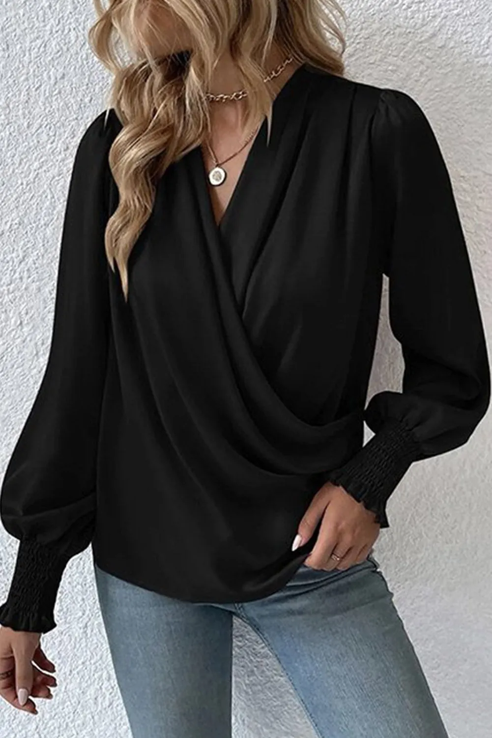 Khaki Solid Surplice Neck Shirred Cuffs Draped Blouse
