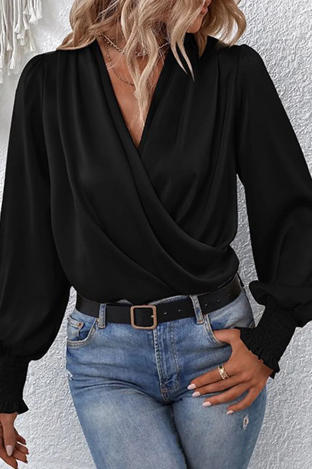 Khaki Solid Surplice Neck Shirred Cuffs Draped Blouse
