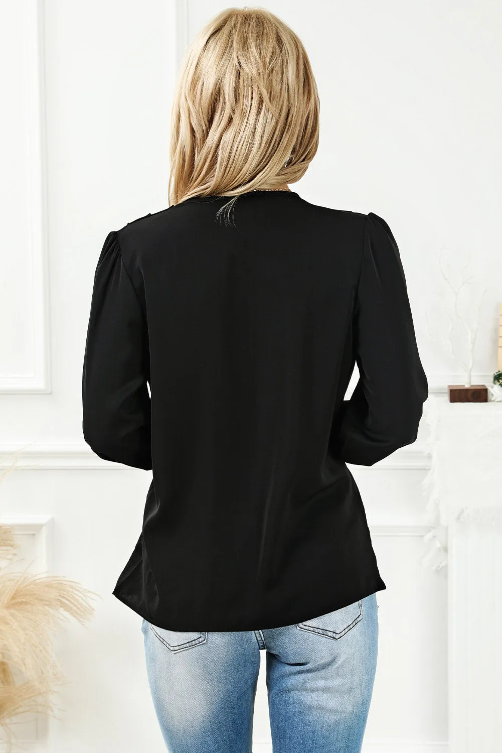 Khaki Solid Surplice Neck Shirred Cuffs Draped Blouse