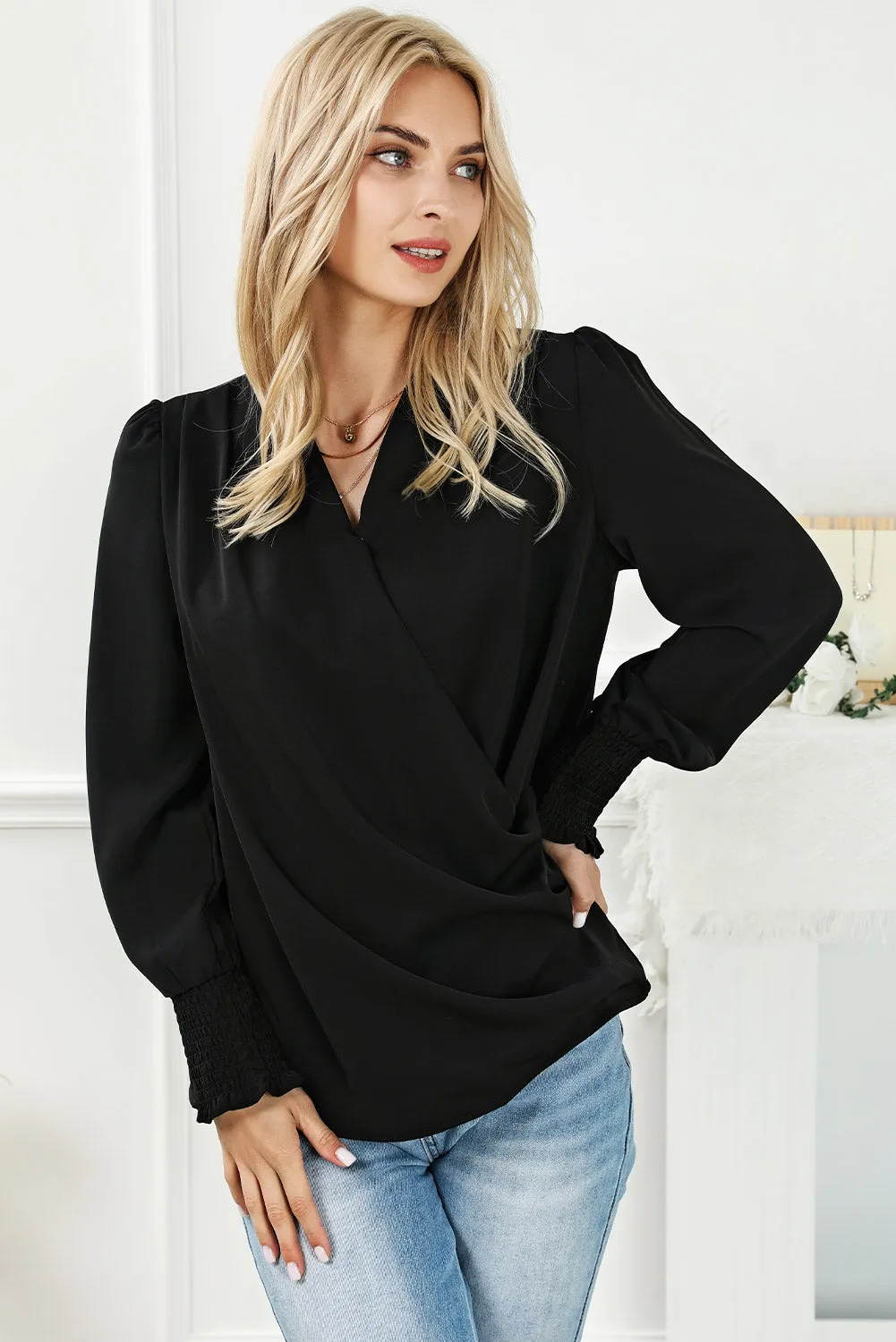 Khaki Solid Surplice Neck Shirred Cuffs Draped Blouse