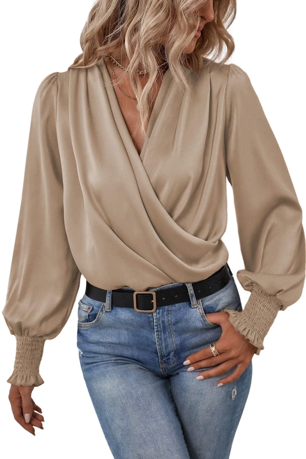 Khaki Solid Surplice Neck Shirred Cuffs Draped Blouse