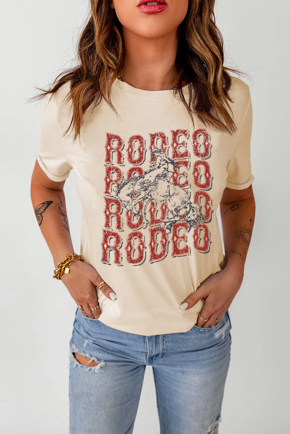 Khaki Western RODEO Graphic Print Crew Neck T Shirt