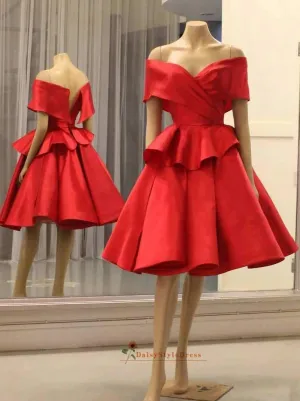 Knee Length Off Shoulder Sleeve Red Formal Party Dress