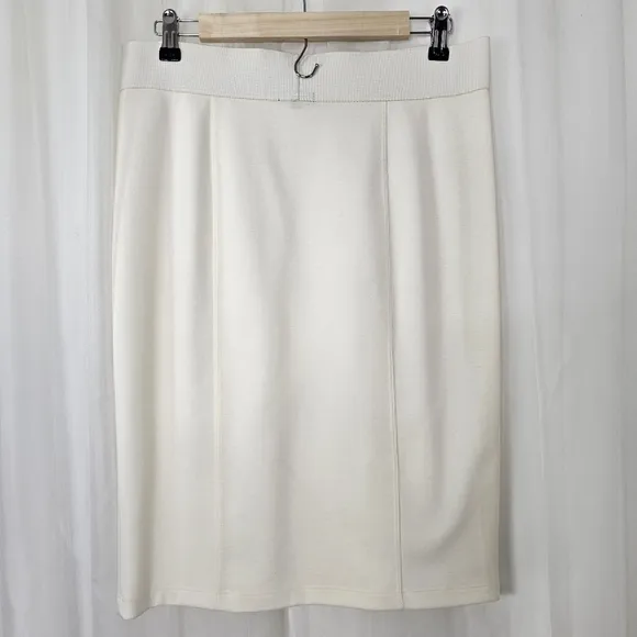 Komarov ivory ponte 2 piece skirt suit pencil skirt M tie waist draped jacket L