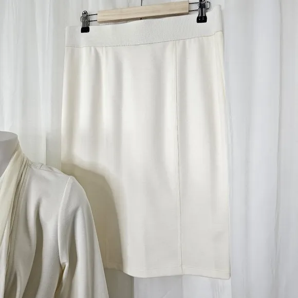 Komarov ivory ponte 2 piece skirt suit pencil skirt M tie waist draped jacket L