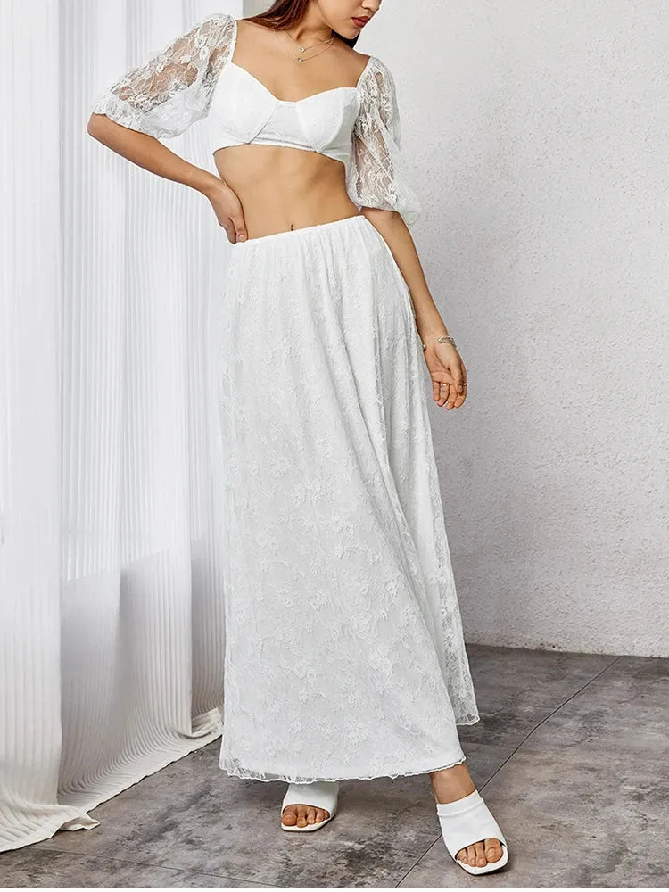 Lace Puff Sleeve Crop Top   Long Skirt Set