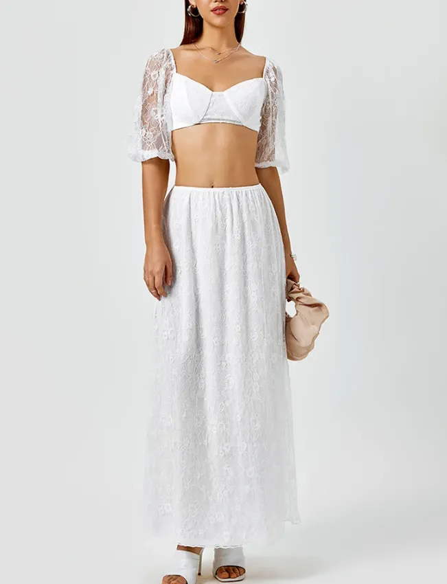 Lace Puff Sleeve Crop Top   Long Skirt Set