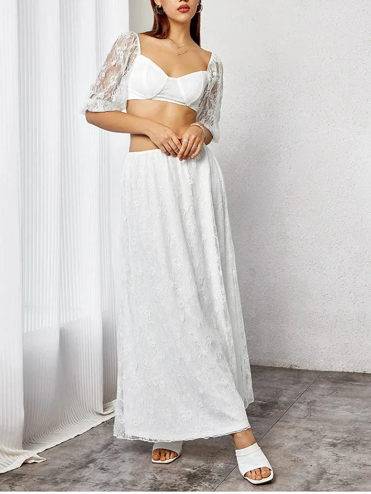 Lace Puff Sleeve Crop Top   Long Skirt Set