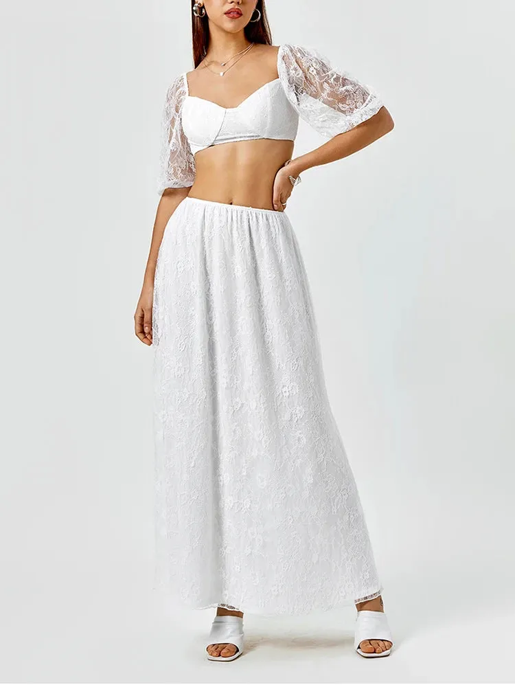 Lace Puff Sleeve Crop Top   Long Skirt Set