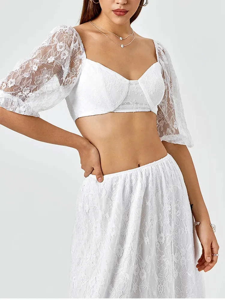 Lace Puff Sleeve Crop Top   Long Skirt Set