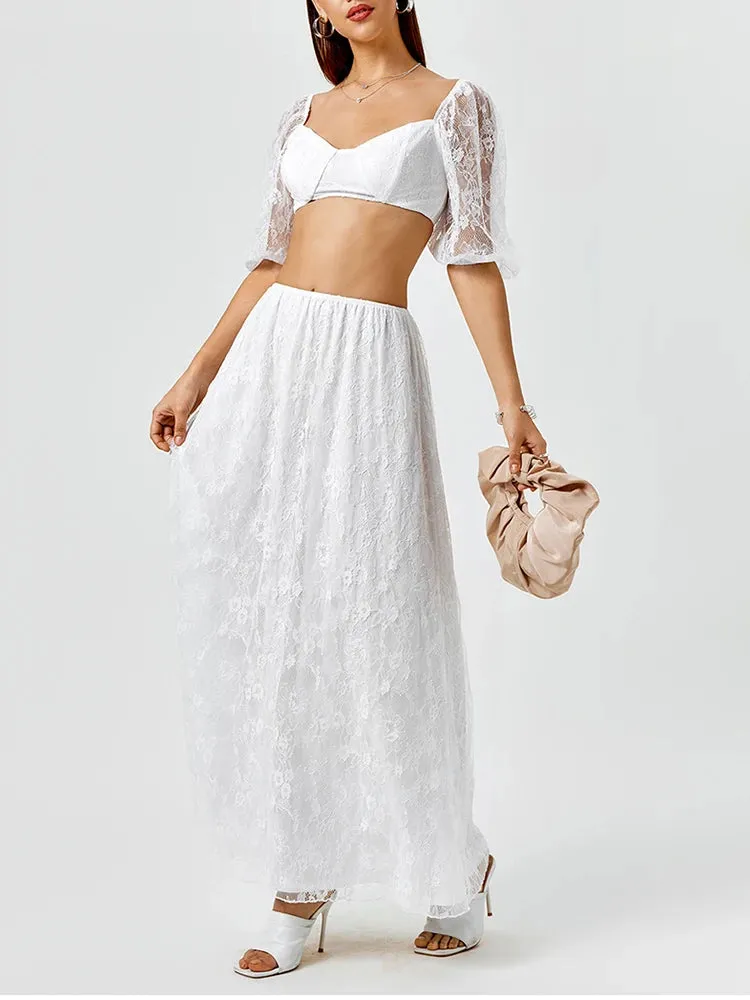 Lace Puff Sleeve Crop Top   Long Skirt Set