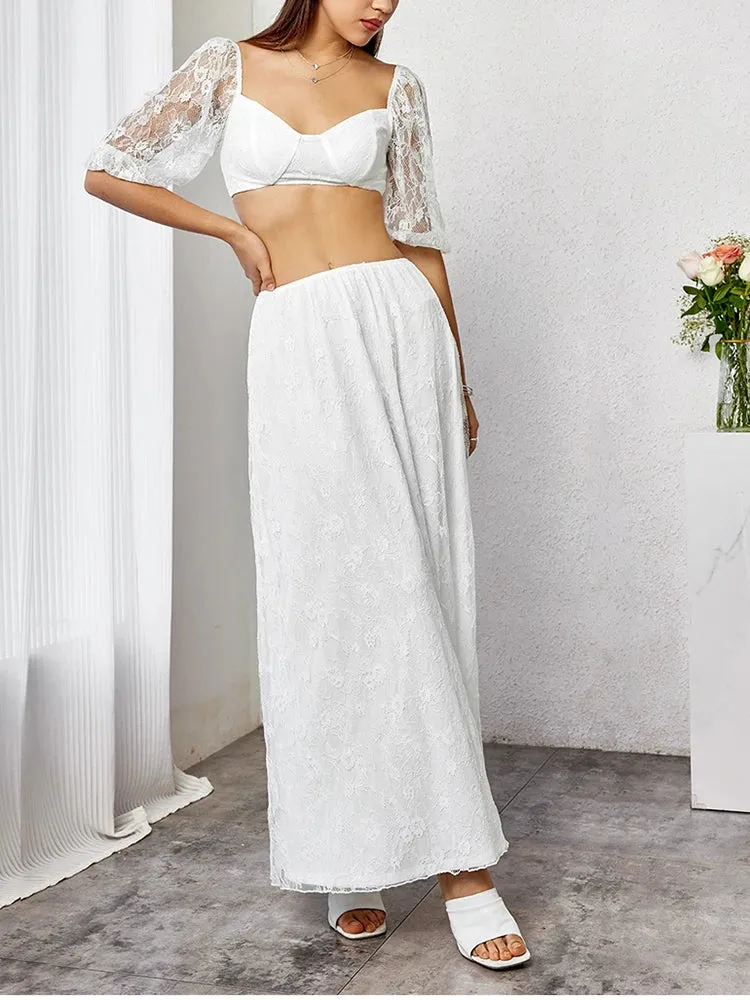 Lace Puff Sleeve Crop Top   Long Skirt Set