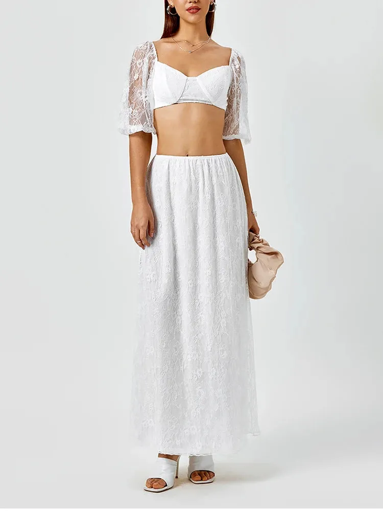 Lace Puff Sleeve Crop Top   Long Skirt Set