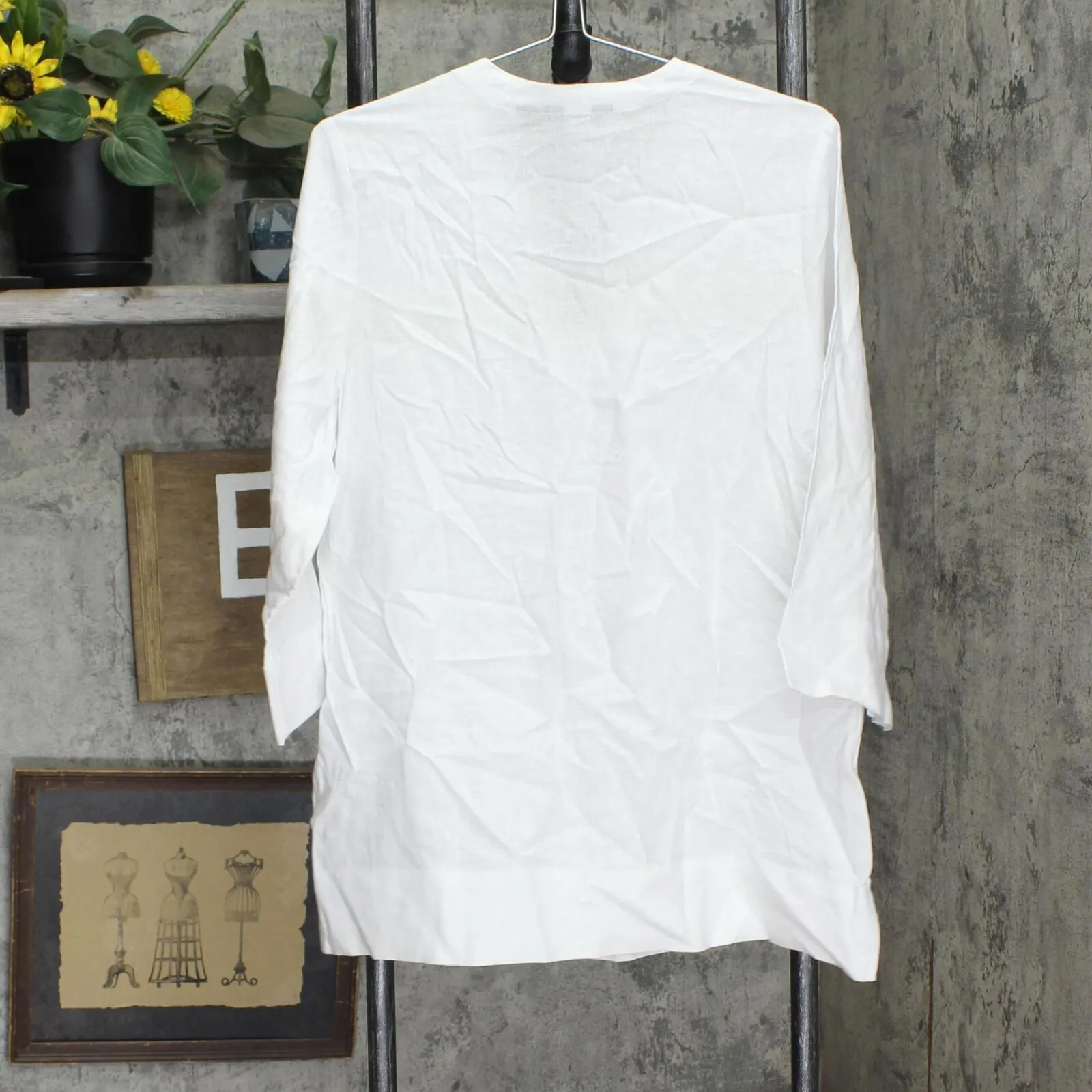 Lands' End Womens 3/4 Sleeve Linen Blend Tunic Blouse Shirt Top 1758415 White M