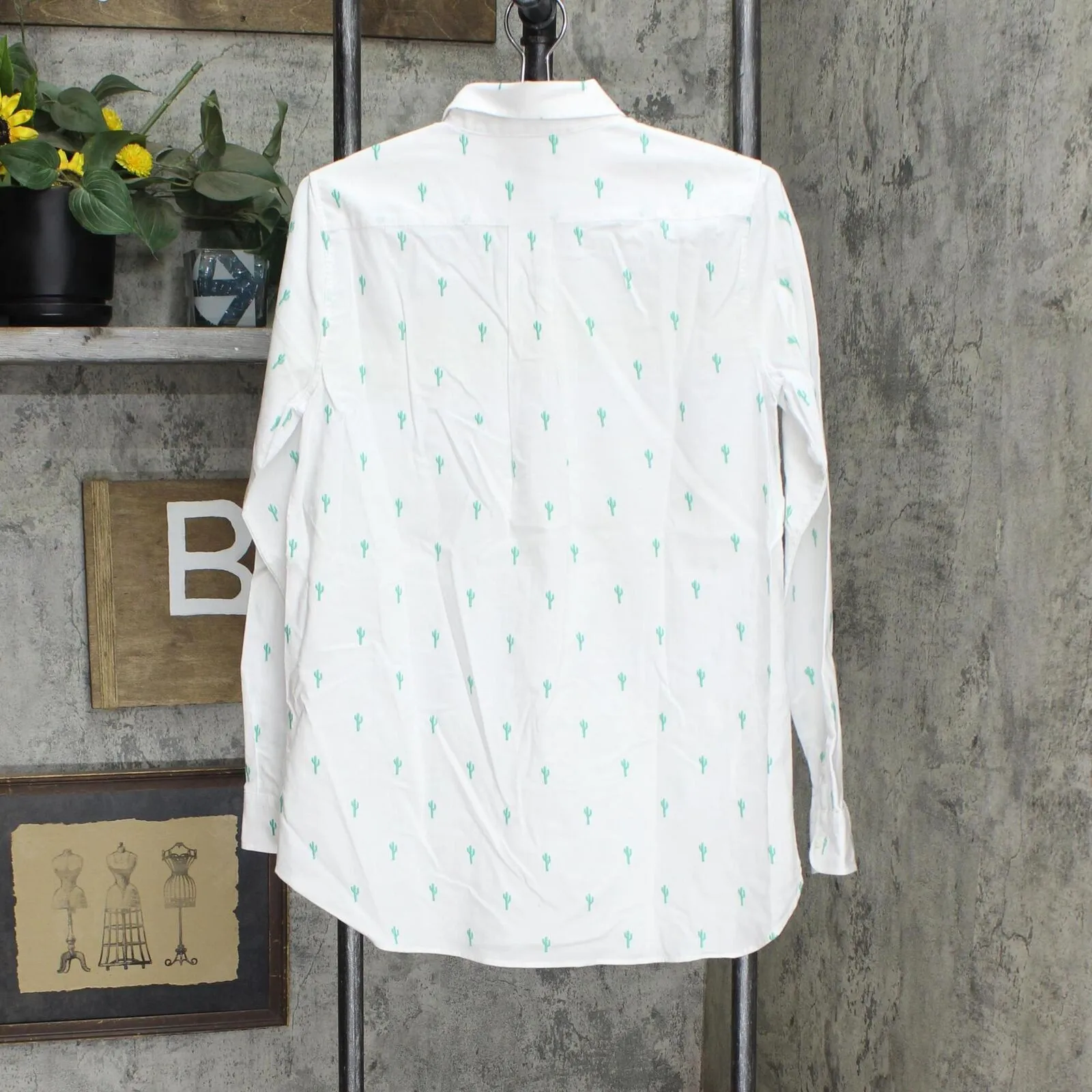 Lands' End Womens Long Sleeve Oxford Button Up Shirt White Green Cactus XS Tall