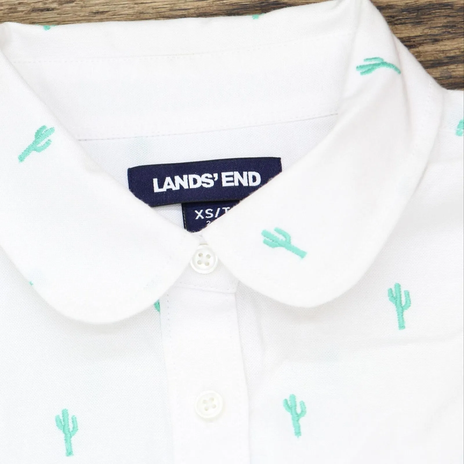 Lands' End Womens Long Sleeve Oxford Button Up Shirt White Green Cactus XS Tall