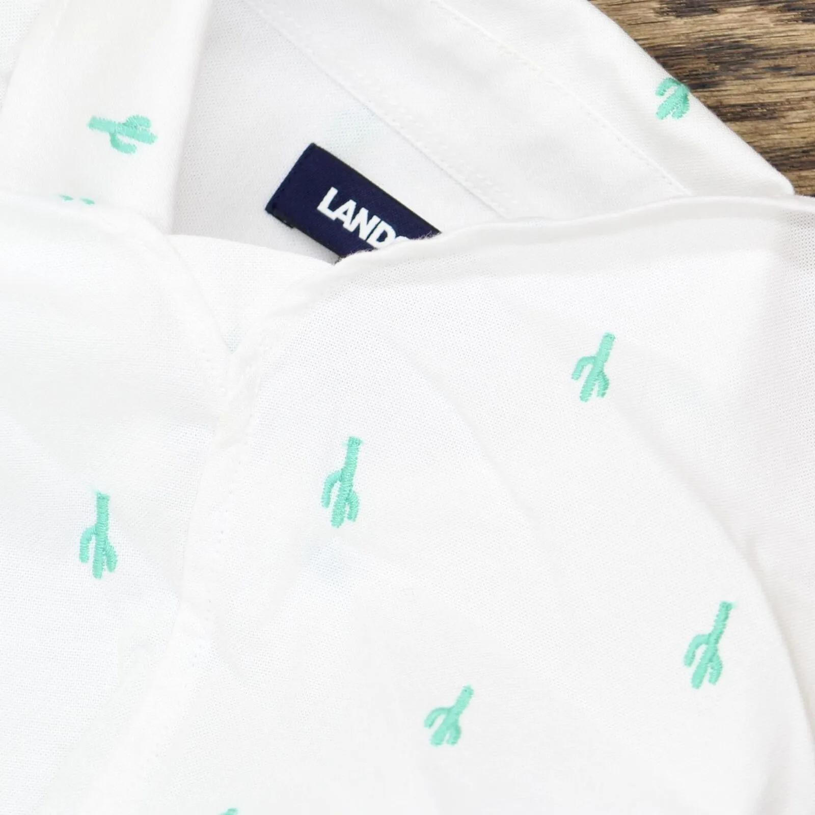 Lands' End Womens Long Sleeve Oxford Button Up Shirt White Green Cactus XS Tall