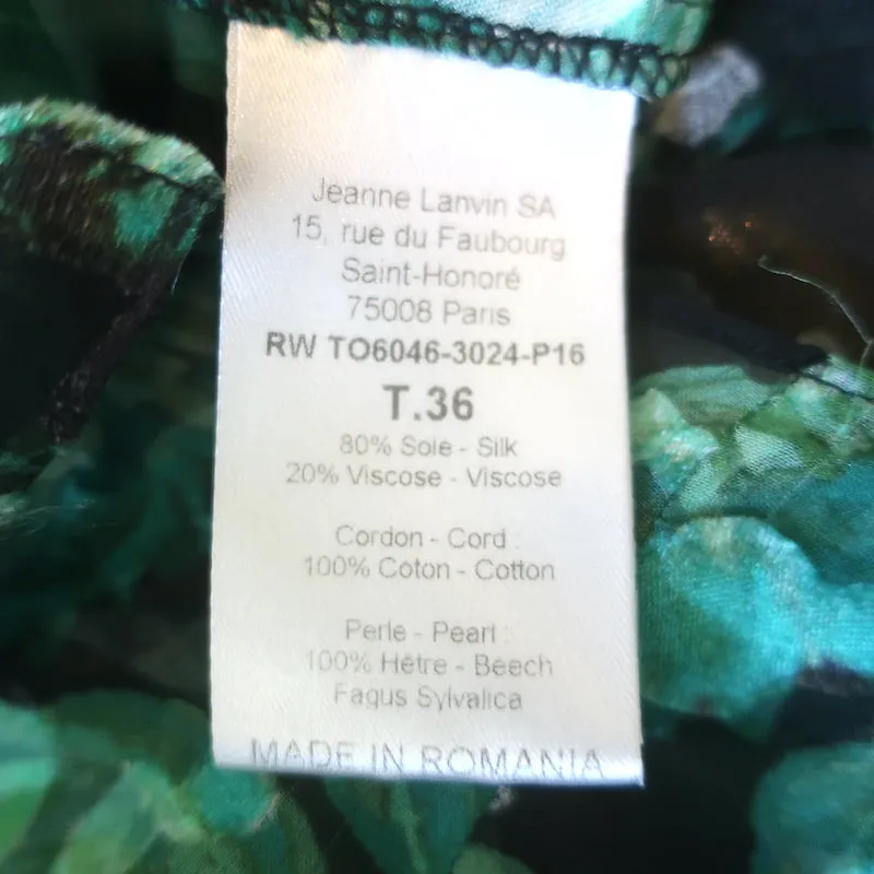 Lanvin Ruffle Blouse Green Floral Print Chiffon Size 36 Sleeveless Top