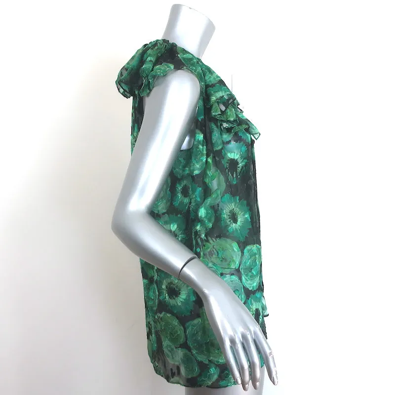 Lanvin Ruffle Blouse Green Floral Print Chiffon Size 36 Sleeveless Top