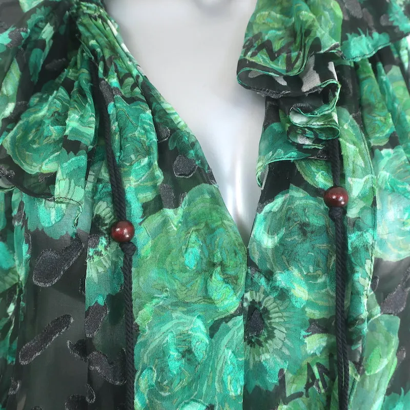 Lanvin Ruffle Blouse Green Floral Print Chiffon Size 36 Sleeveless Top