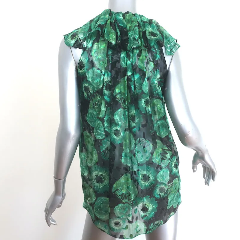 Lanvin Ruffle Blouse Green Floral Print Chiffon Size 36 Sleeveless Top