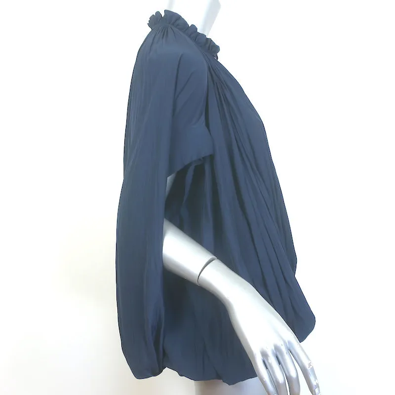Lanvin Tie-Neck Gathered Blouse Navy Matte Satin Size 38