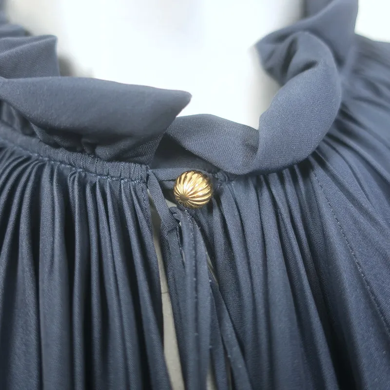 Lanvin Tie-Neck Gathered Blouse Navy Matte Satin Size 38