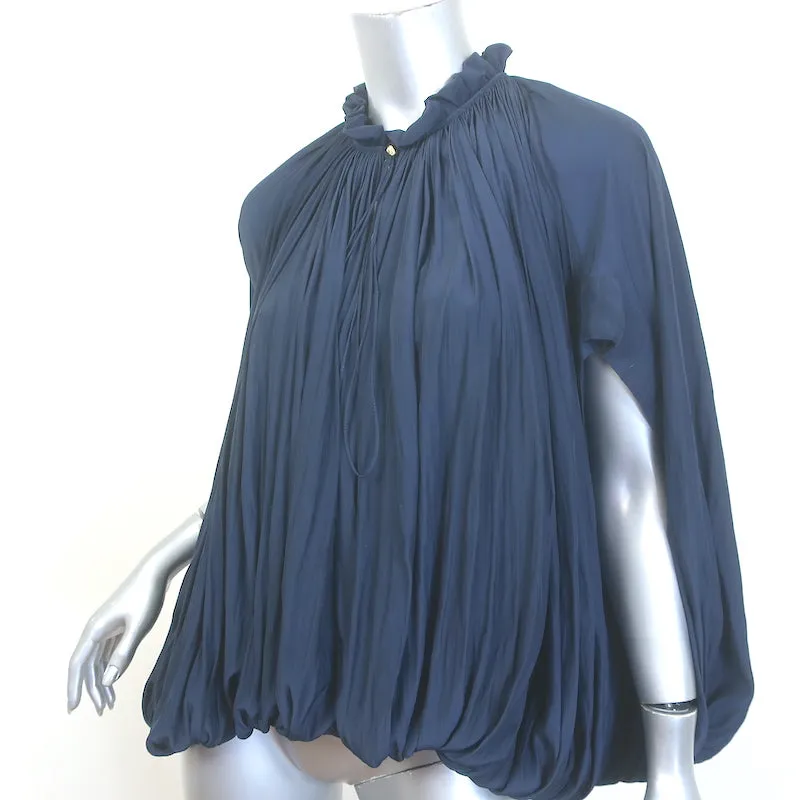 Lanvin Tie-Neck Gathered Blouse Navy Matte Satin Size 38