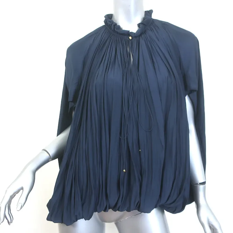 Lanvin Tie-Neck Gathered Blouse Navy Matte Satin Size 38