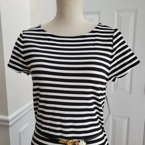 Lauren Ralph Lauren‎ Black White Striped Short Sleeve Flounce Hem Dress